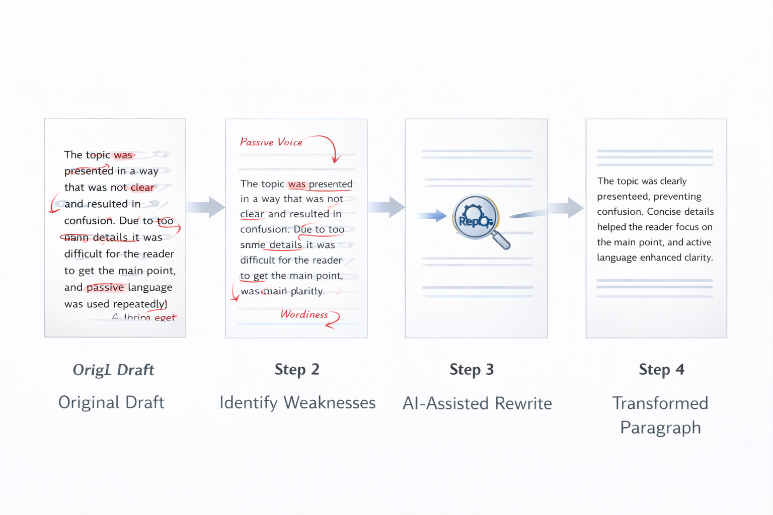 Multi-step diagram showing paragraph transformation workflow: Original Draft, Identify Weaknesses, AI-Assisted Rewrite, Transformed Paragraph